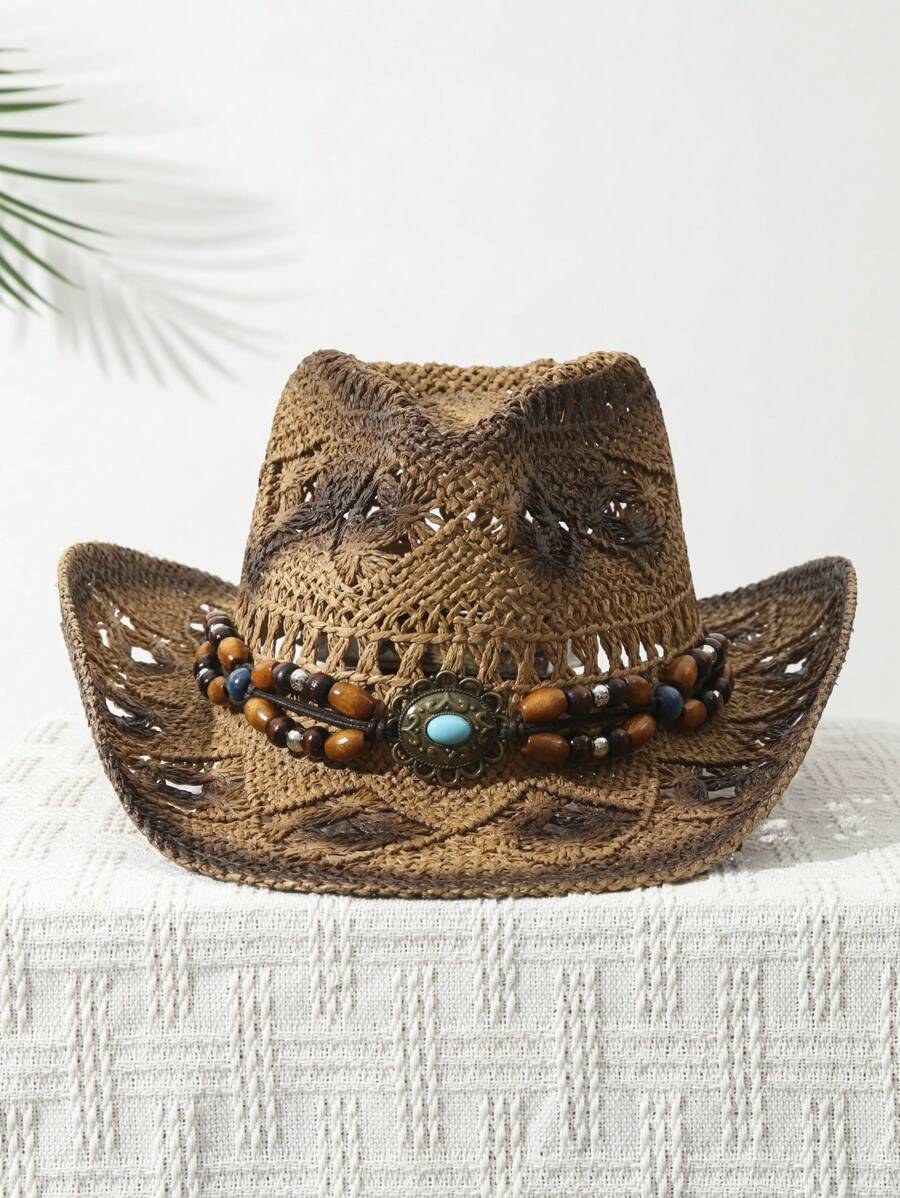 1 adet Unisex boncuk dekor boy - Cowboy Hat Straw incelemesi ve fiyatı