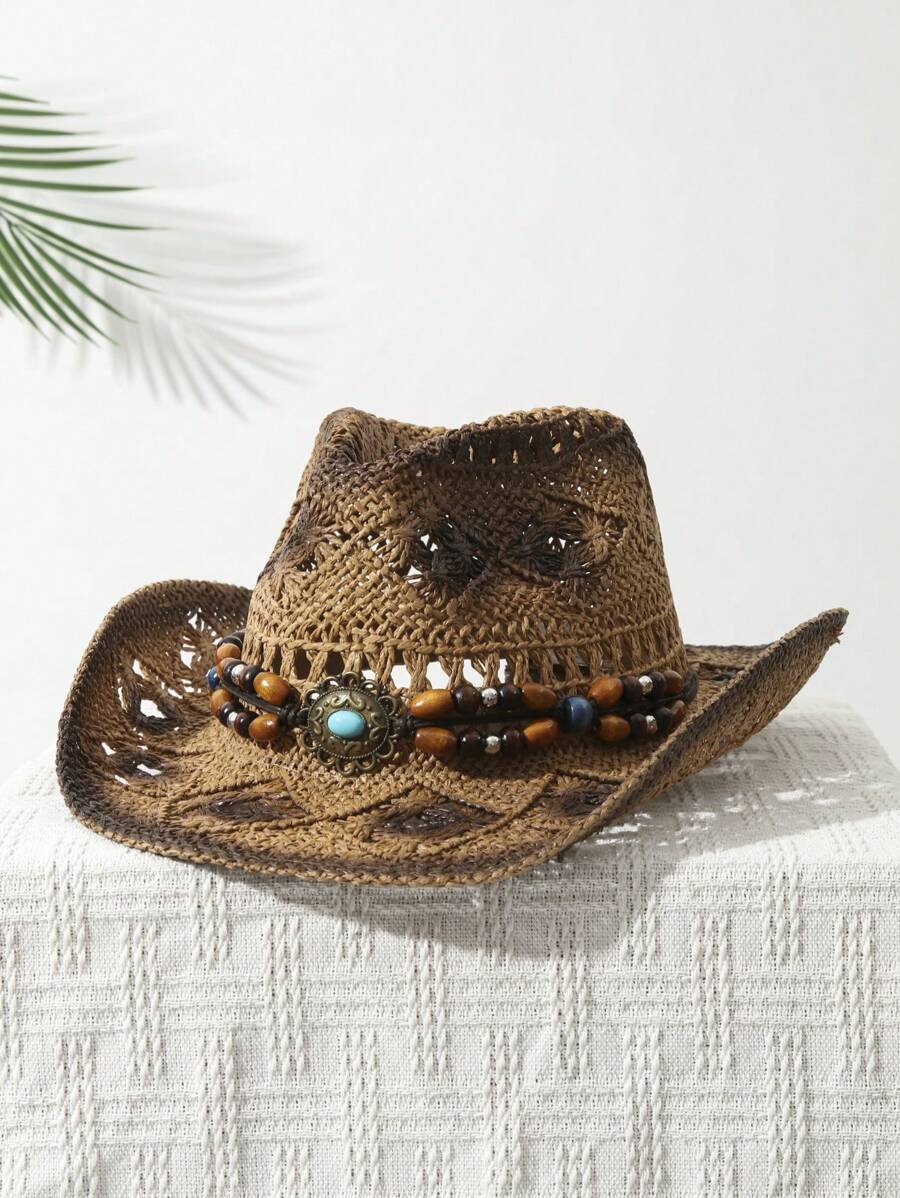 1 adet Unisex boncuk dekor boy - Cowboy Hat Straw incelemesi ve fiyatı
