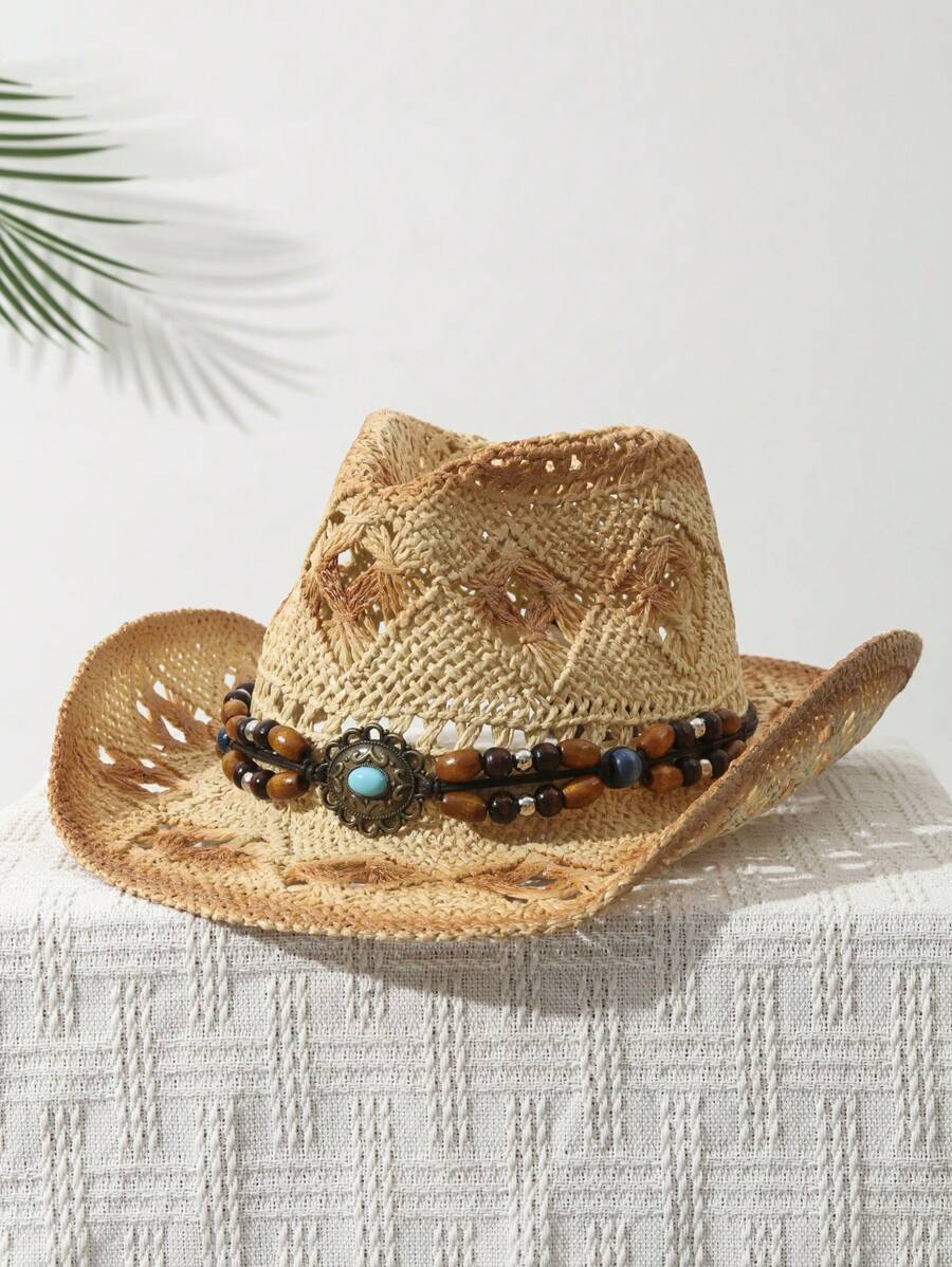 1 adet Unisex boncuk dekor boy - Cowboy Hat Straw incelemesi ve fiyatı